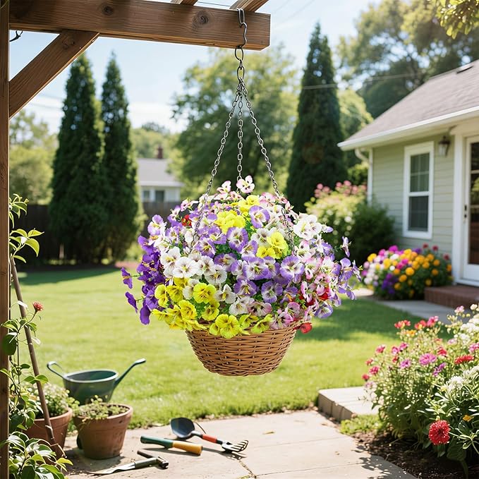 24 Bundles Artificial Pansy Flowers for Outdoor, Faux Silk Pansies Spring Flowers Outside for Planter Front Door Porch Patio Yard Window Box Home Decor (Purple, Yellow, White,Red)