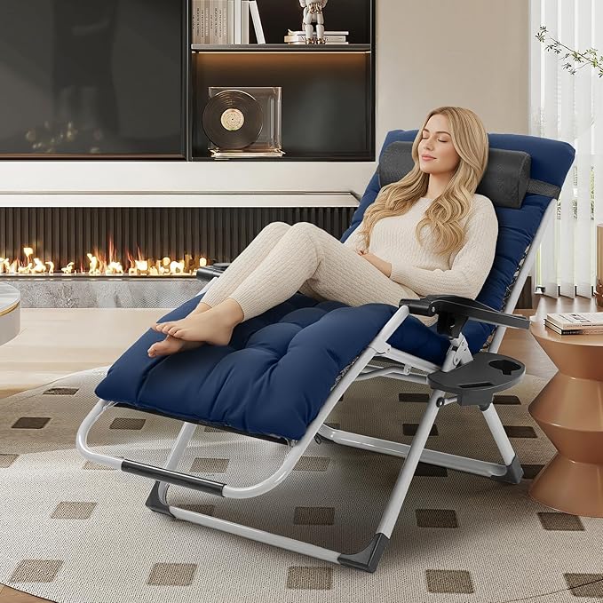 VINGLI 29" Padded Zero Gravity Chair, Lounge Chair with Removable Cushion & Tray， Folding Reclining Patio Chairs， Recliner Chair for Lawn，Indoor Outdoor-Blue