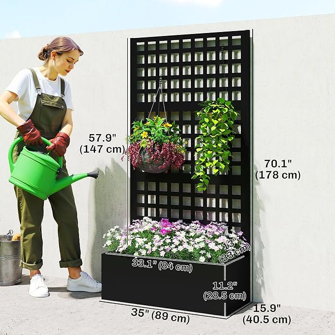 Outsunny Galvanized Raised Garden Bed with Trellis, Metal Planter Box with Drainage Holes, Outdoor Privacy Screen for Climbing Plants, Vegetable, Vines, 35" x 16" x 70", Black