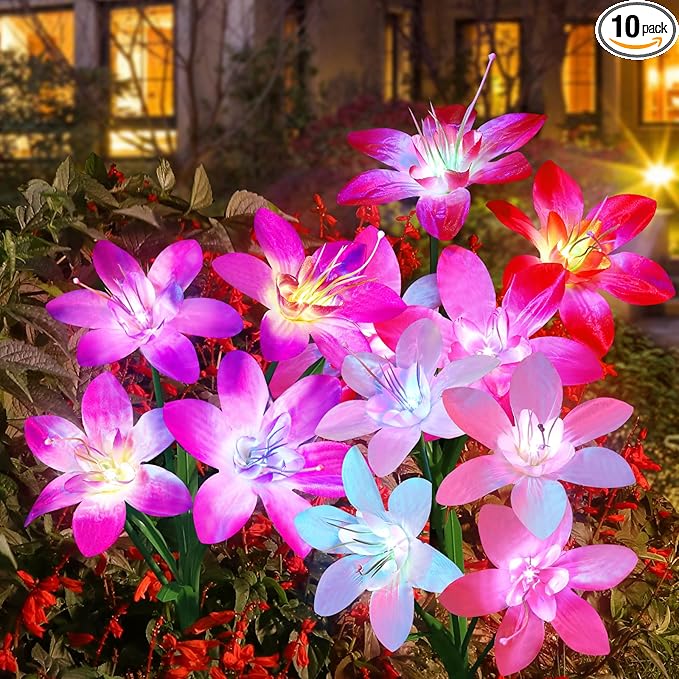 Aukora Solar Garden Lights Outdoor 10 Pack, 5 Colors Lily Flowers & 7-Color Changing Led Lights for Outside, Solar Outdoor Light Waterproof for Pathway Patio Yard Decor, Red Yellow Blue White Purple