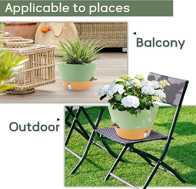 12-Inch Self Watering Planters with Drainage Holes, Large Flower Pots for Indoor Outdoor Plants, Garden Pots Green 3 Pack