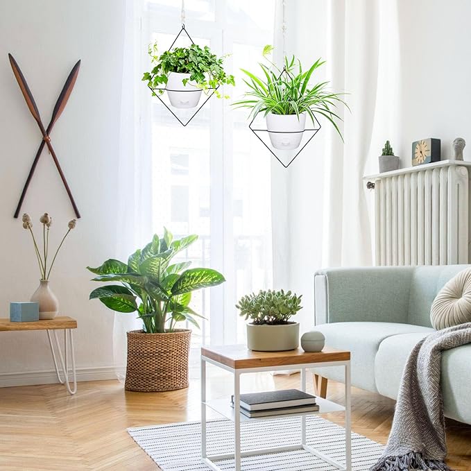 Hanging Planters for Indoor Plants, 2 Set Self Watering Hanging Flower Pots, Modern Hanging Plant Baskets with Metal Plant Holder & 6.5 Inch Plastic Pots for Garden Home Decor (White)