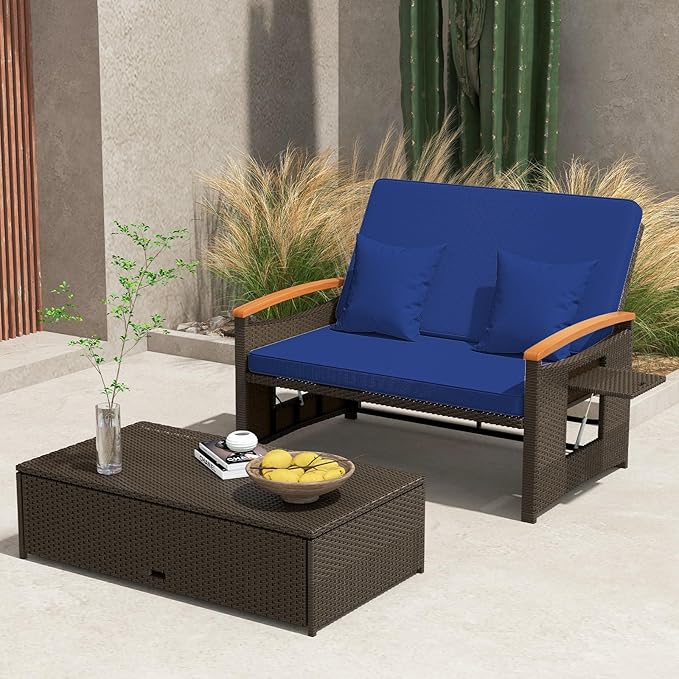 Tangkula Patio Rattan Daybed with 4-Level Adjustable Backrest, Outdoor Wicker Loveseat with Acacia Wood Armrest, Storage Ottoman & Folding Tray, Double Sunbed for Balcony, Backyard & Poolside (Navy)