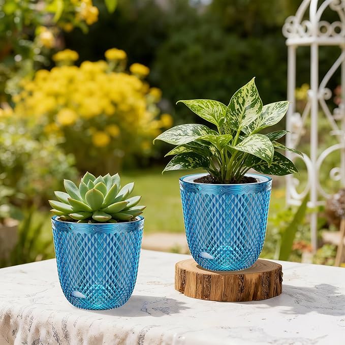 QCQHDU 2 Pack Self Watering Pots, 5.7 Inch Flower Pots with Drainage Holes and Water Filling Port, Garden Planter for Indoor Outdoor Plants (Klein Blue)