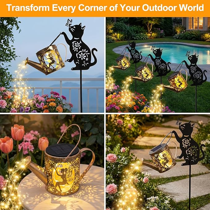 Solar Watering Can Lights with Fairy & Flowers, Outdoor Garden Decor with Cascading String Lights, Waterproof Solar Powered Hanging Lantern for Patio Yard Pathway, Gift for Mom Cat Lovers Gardeners