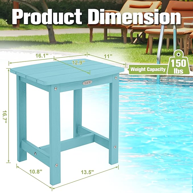 Y&M Outdoor Side Table, HIPS Adirondack Small Single Table, Waterproof Square Outside Table, Balcony Modern End Tables for Patio, Pool, Beach, Porch, Deck, Indoor or Outdoor Use, Light Blue