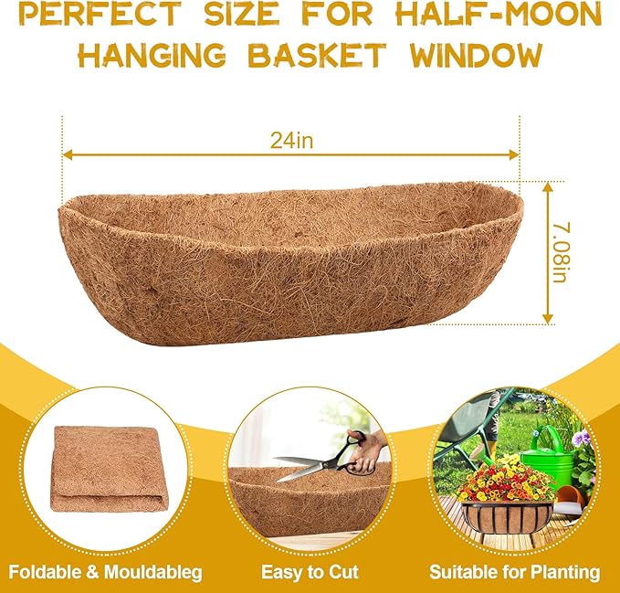 Riare 2 Pack 24 Inch Trough Coco Coir Liners for Planters, Pre-Formed Coconut Coir Replacement Liner Natural Coco Fiber Window Box Liners for Wall Planter, Window Basket Deck Railing Planter