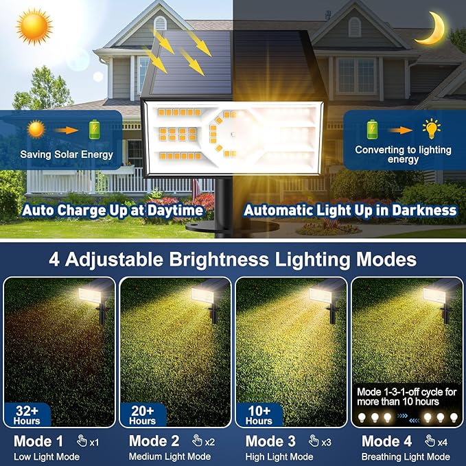 Solar Spot Lights Outdoor,2 Pack/56 LED Outdoor Lights for Yard Waterproof IP68, 4 Lighting Modes Solar Landscape Spotlights, Auto On/Off Solar Powered Flood Lights Garden Pathway,Warm White