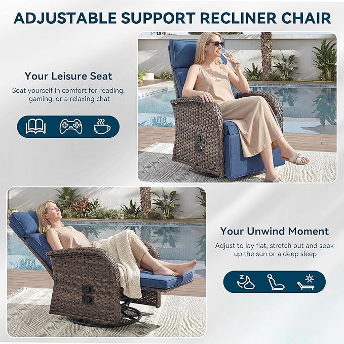 Zero Gravity Patio Swivel Rocking Recliner Chairs Set of 2 - Wicker Outdoor Lounge Chair with Adjustable Backrest & Footrest, All Weather Reclining Rocker Chairs with Thick Cushion for Pool Deck Blue