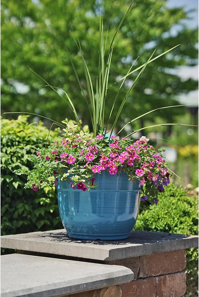 Garden Elements Indoor/Outdoor Glazed Brushed Happy Plastic Planter, Large, Dark Blue, 15"