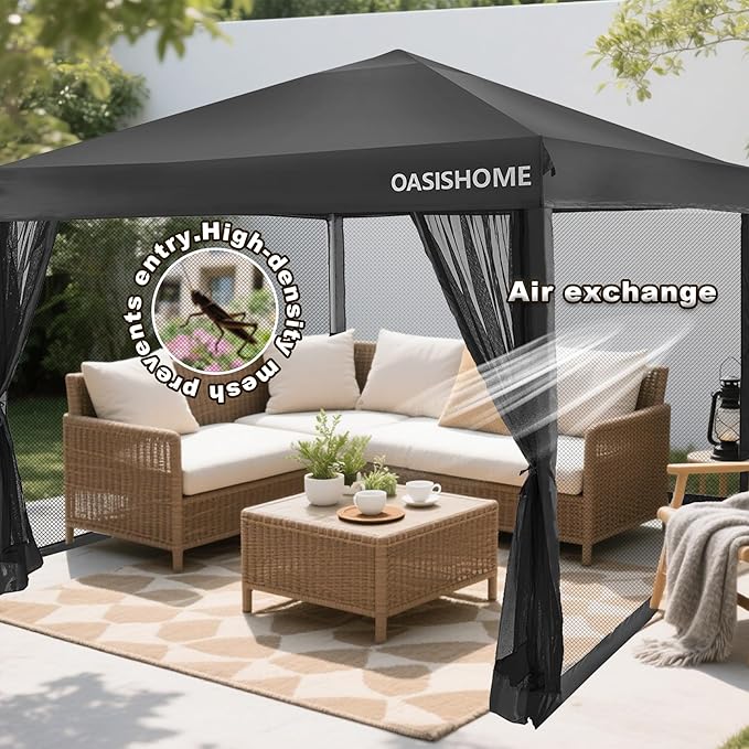 OASISHOME 10'x10' Pop-Up Gazebo Canopy Tent with Netting Sidewalls & Wheeled Bag,Weight Bag, Stakes, Ropes, Waterproof, UV Protection, Heavy-Duty Steel Frame for Backyard/Outdoor/Parties(Black)