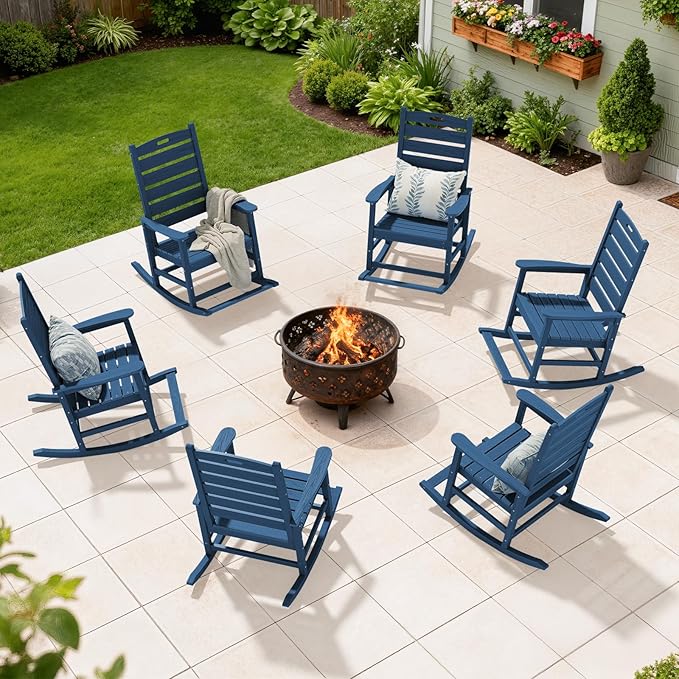 SERWALL Outdoor Rocking Chair Set of 4, Oversized HDPE Patio Rocking Chair with Footrest for Adults, All Weather Porch Rocker for Deck Patio Balcony, Navy