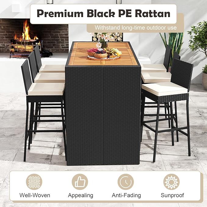 Tangkula 7 Piece Patio Wicker Bar Set, Patiojoy Outdoor Acacia Wood Bar Height Table & 6 Rattan Bar Stool Chairs with Backrest and Footrest, for Bistro Garden Balcony
