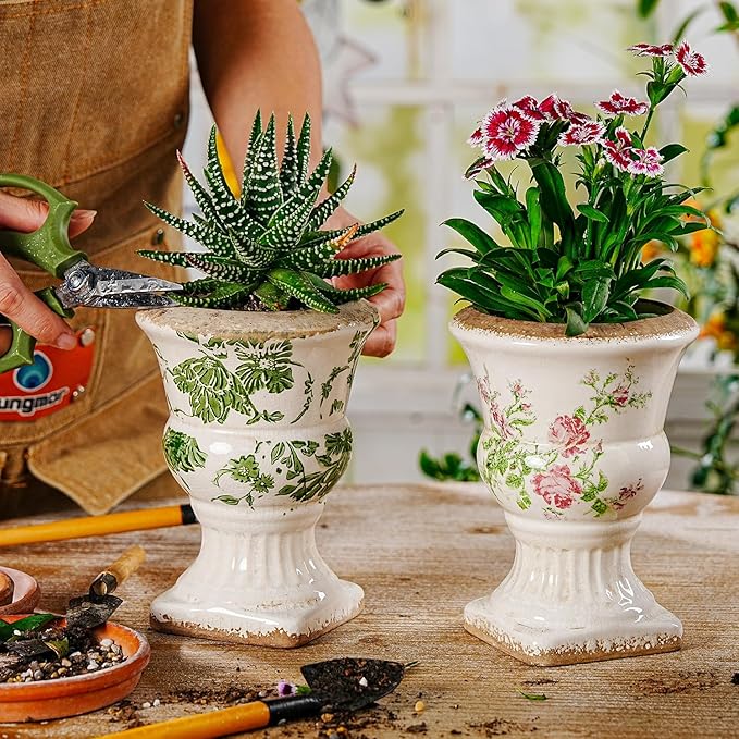 Sungmor Small Ceramic Urn Planter - Green Scroll Floral Pedestal Flower Pot, Decorative Vintage Chinoiserie Style Planters, Tuscan Accent Vase Indoor Outdoor Plant Holder with Drainage
