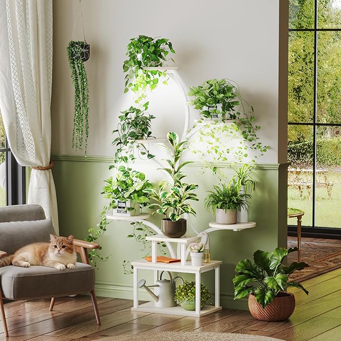 PRAISUN 51 Inch Plant Stand with Grow Lights, 8 Tiered Indoor Plant Shelf with Larger Flower Holder, Curved-tubed Design, 3 Light Modes, Corner Plant Rack for Living Room, Oak