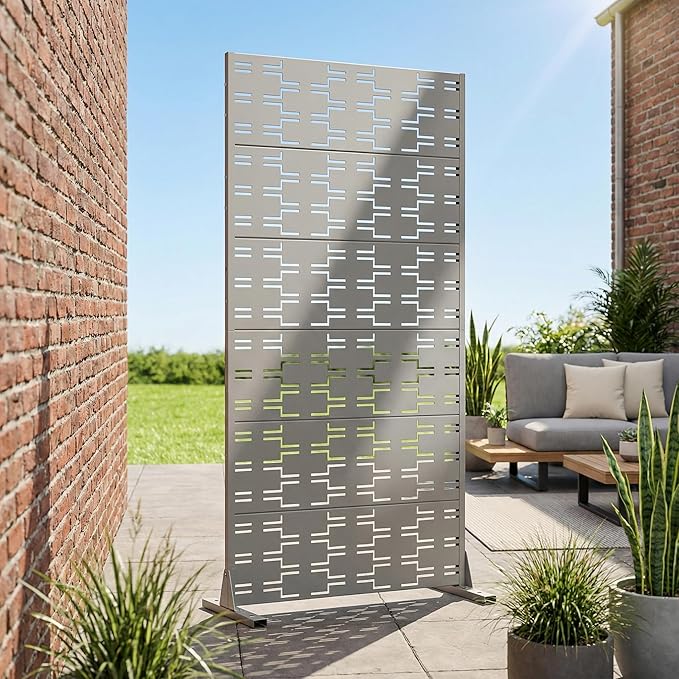 Casaphoria Metal Privacy Screen Outdoor, 72" H x 35" W Freestanding Decorative Privacy Screen for Patio Deck Balcony Garden with Stable Base, Grey-Brick