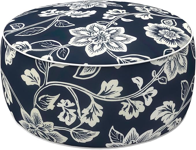 LVTXIII Indoor/Outdoor Inflatable Ottoman with Handle D21 x H9 Inch, Weather-Resistant Round Footstool Pouf for Patio Camping Living Room, Portable Footrest Extra Seating, Elegant Vines Navy
