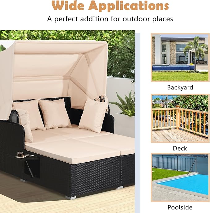 Tangkula Patio Rattan Daybed with Retractable Canopy, Outdoor Wicker Sunbed Lounger with 2 Foldable Side Tables, Thick Seat & Back Cushions, Outside Double Daybed for Garden, Backyard, Porch