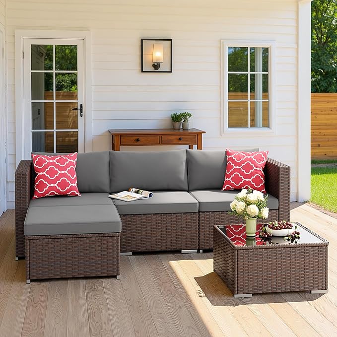 Aiho 5 Pieces Patio Furniture Set All-Weather Outdoor Wicker Sectional Patio Furniture with Cushion and Glass Table (Grey)