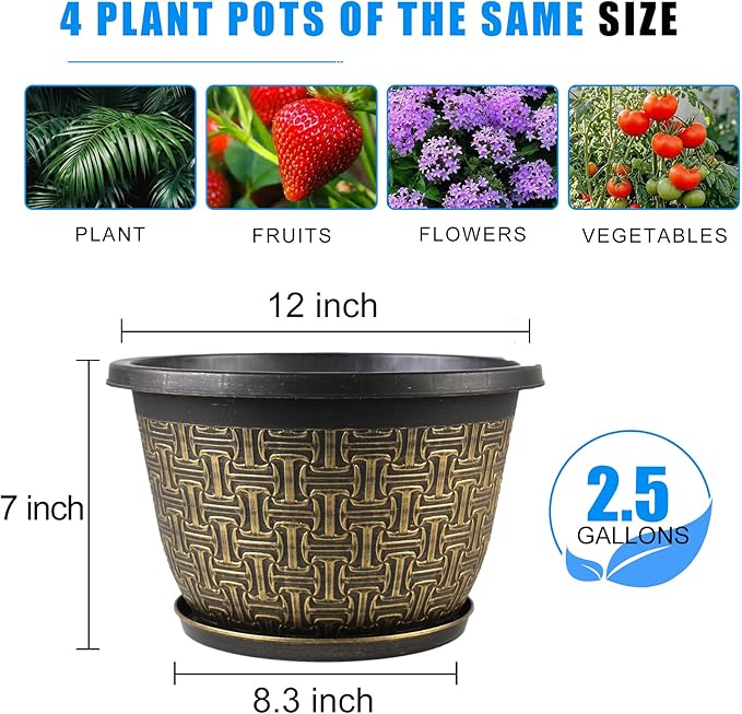 4 Pack 12 Inch Plant Pots,Large-Plant-Flower-Planters-Plastic, Flower Pots Outdoor Indoor with Drainage Holes & Trays, Retro Antique Imitation Decorative Garden Sets for Houseplants