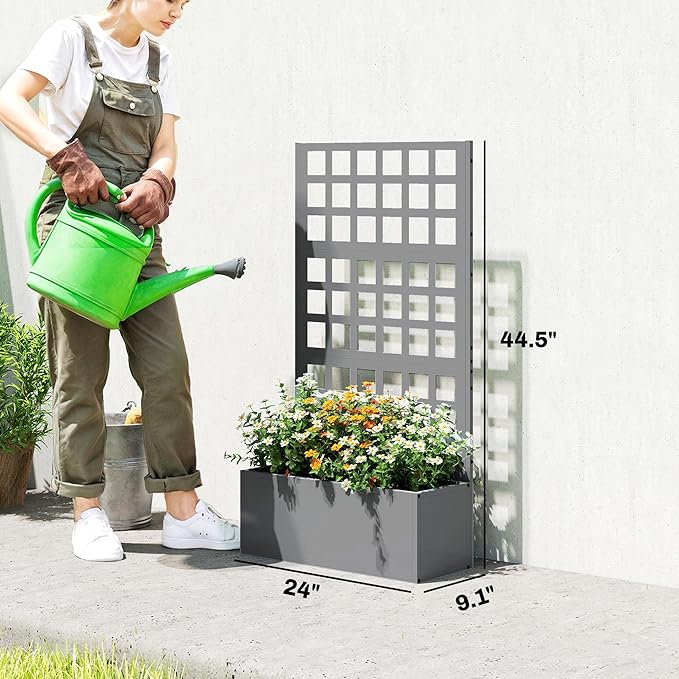 Outsunny Galvanized Raised Garden Bed with Trellis, Metal Planter Box with Drainage Holes, Outdoor Privacy Screen for Climbing Plants, Vegetable, Vines, 24" x 9" x 44.5", Gray