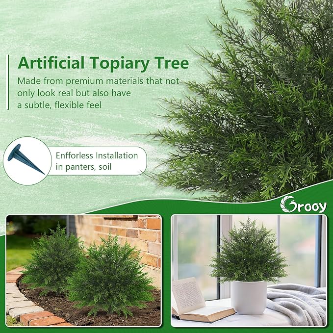 Artificial Cypress Topiary Bushes with Spike, 2 Pack Faux UV Resistant Cedar Ball Trees for Outdoor Planters, Fake Shrubs Plants for Porch Garden Decor