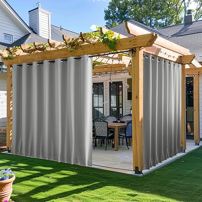 NICETOWN Outdoor Curtains for Patio Waterproof 2 Panels, W100 x L95 Windproof Grommet & Back Tab on Top & Bottom Thermal Insulated Sun Blocking Drapes with Rope for Deck, Silver Grey