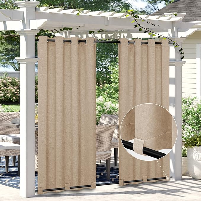 Easy-Going Linen Look Outdoor Curtains Waterproof Windproof Porch Curtains, Soft Thicken Outdoor Privacy Curtains for Patio, Gazebo, Grommet Top and Tab Bottom Drape, 1 Panel, 54x84 inch, Beige