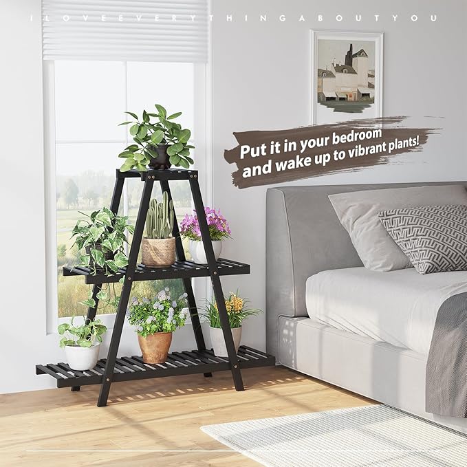 Plant Stand For Indoor Outdoor Tiered Plant Shelf 3 Tier 8 Potted Bamboo Flower Holder Ladder Rack For Multiple Triangle Table Plant Pot Stand (Black)