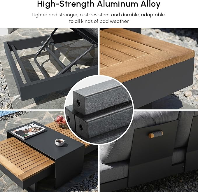 homary Outdoor Conversation Sets, 6 Piece Aluminum & Teak Patio Sectional Sofa Set with Adjustable Backrests, Waterproof Cushions, Ideal for Patios & Balconies | Outdoor Materials, Fade Resistant, Modular design