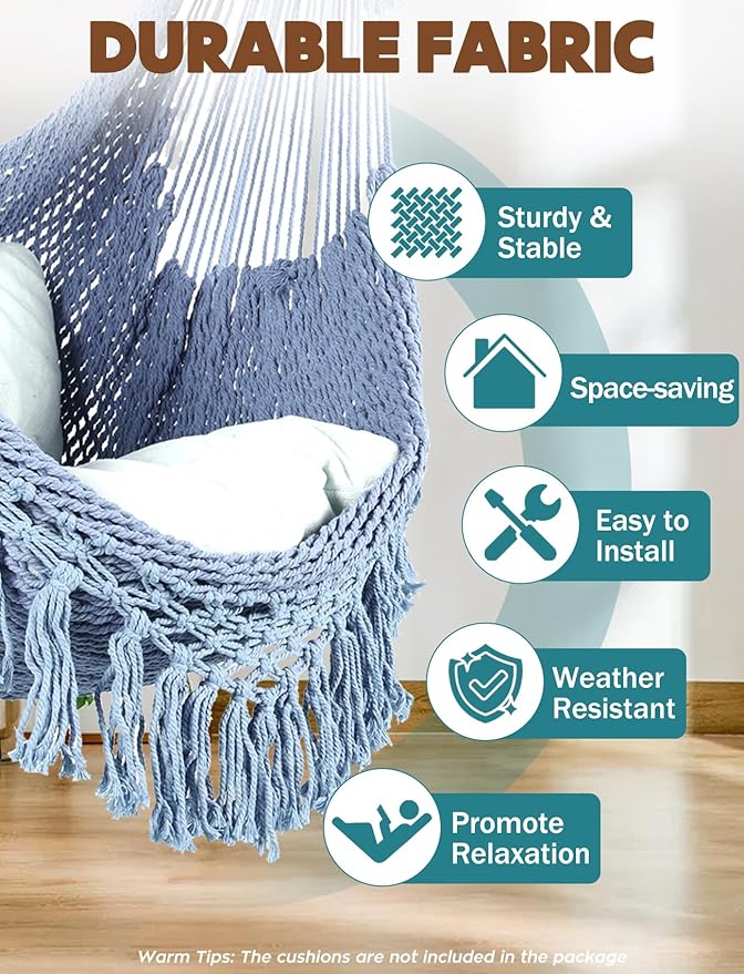 Chihee Hammock Chair Super Large Soft-Spun Cotton Rope Weaving Hanging Chair, Collapsible Strong Metal Spreader Bar Wide Seat Lace Stretch Swing Chairs Indoor Outdoor Garden Yard Theme Decoration