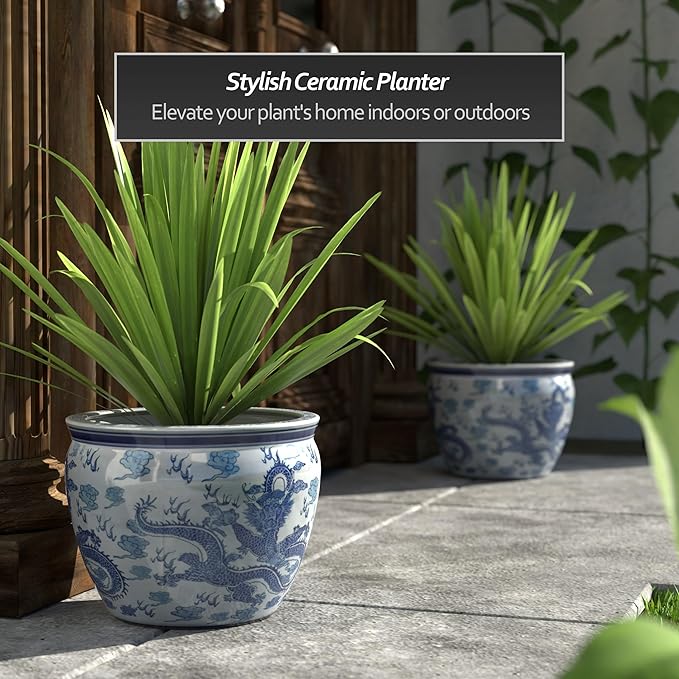Red Lantern 14" Dragon Blue & White Porcelain Fishbowl Planter or Cachepot for Indoor/Outdoor Use in Garden Entryway Living Room Boho Eclectic Modern Contemporary Classic Traditional Style Decor