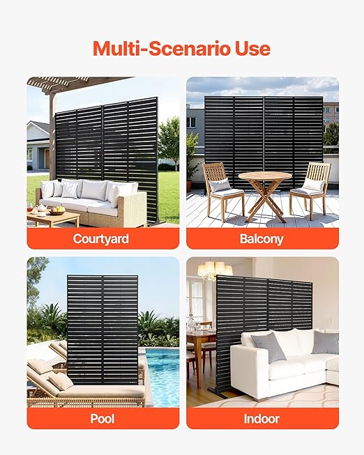 VEVOR Metal Privacy Screen, 44" W x 72" H Freestanding Modern Privacy Fence, Garden Divider Panel with Extended Base & Reinforcement Fixed, Freestanding Outdoor Divider for Garden, Indoor, Courtyard