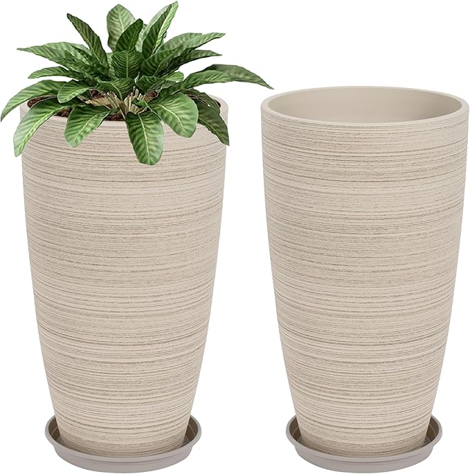 Set of 2 Tall Planter, 21 inch Large Plastic Planter with Drain Hole & Saucers, Large Outdoor Planters for Porch, Garden, Patio, Balcony(Oat Color)