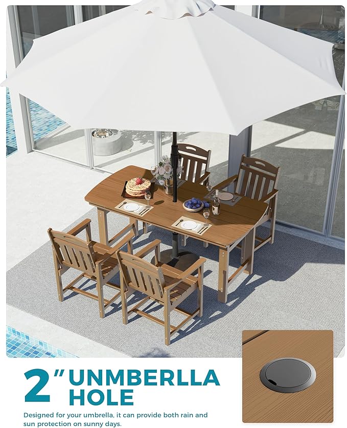 Ciokea HDPE Outdoor Dining Set, 5-Piece Patio Table and Chairs Set with Umbrella Hole, All-Weather Patio Dining Sets for 4, Durable Patio Furniture for Backyard, Garden, Lawn & Poolside, Teak