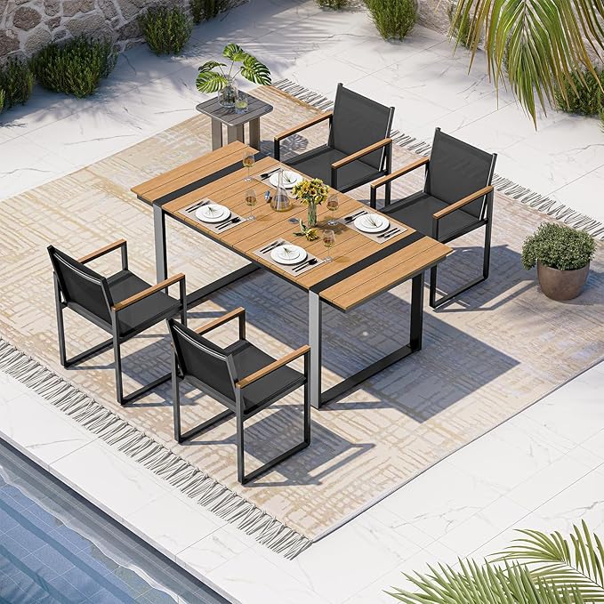 Outdoor Table and Chairs of 4, Patio Dining Sets, HDPS + Aluminum Outdoor Furniture Set with Umbrella Hole, Patio Dining Table Set (Gray-Teak)