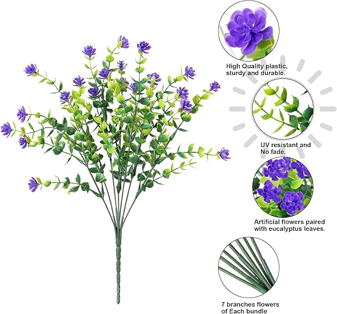 HyeFlora 20 Bundles Artificial Fake Outdoor Plants Flowers for Spring Decoration, UV Resistant Realistic Purple Plastic Flowers Faux Plant Monkey Grass for Planter Home Garden Porch Patio Window Box