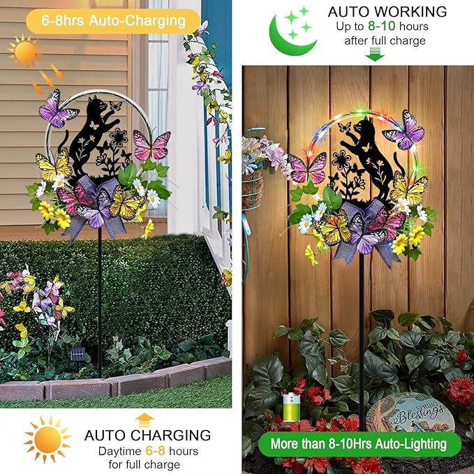 Cat Solar Lights Outdoor Garden,Silhouette Cat with Butterflies Waterproof Garden Stake for Yard, Lawn,Best Gifts for Women