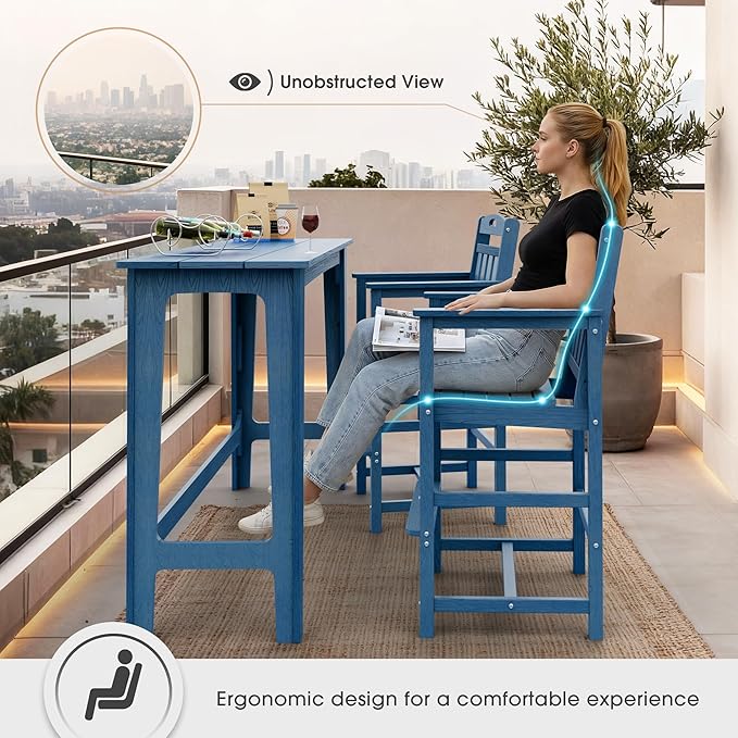 Ciokea Heavy Duty Bar Height Chair, 380lbs Outdoor Adirondack Tall Bar Chair Patio Stool with Arms & High Back, Heavy Duty All-Weather for Balcony, Poolside, Deck and Garden, Navy Blue