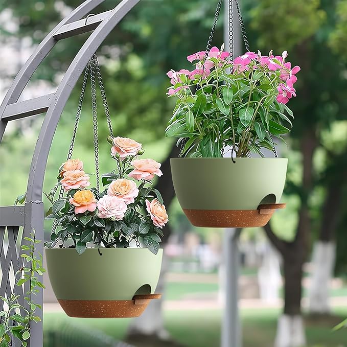 Set of 3-10 Inch Self Watering Hanging Planters for Indoor & Outdoor，Hanging Plant Pots with Drainage & Removable Tray, Hanging Pots Holder for Ivy, Ferns, Balcony & Patio, Green and Brown