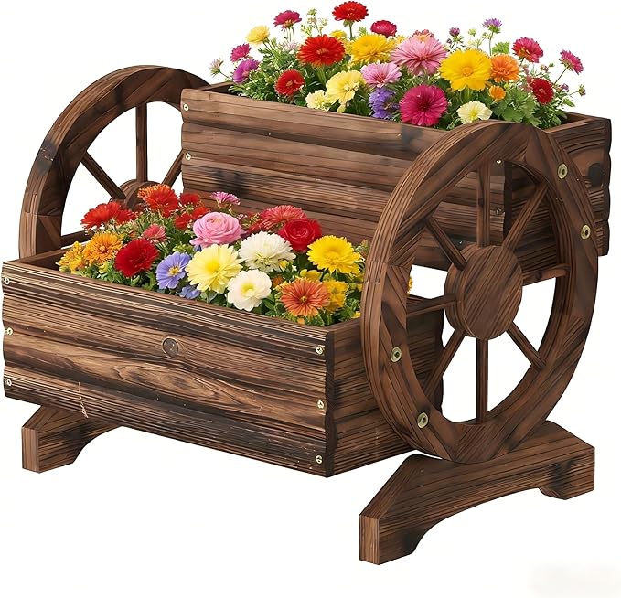 Wooden Wagon Planter Wooden Flower Cart with Wheels Outdoor Garden Planter, Decor Planter for Patio Balcony Decoration Succulent Flower Pot for Indoor Backyard Balcon planters (Carbonized)