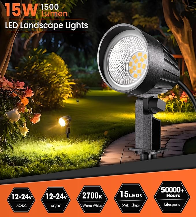 MEIKEE 15W 1500LM Low Voltage Landscape Lighting 12-24V Warm White LED Landscape Lights IP66 Waterproof Outdoor Garden Spotlights Pathway Tree Wall Fence Flood Lighting(10 Pack)