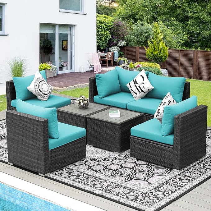 NICESOUL 7 Piece XL Large Modern Outdoor Furniture Sofa Set, 29.3'' High Back Wicker Patio Modular Sectional with Tables, All-Weather Deep Conversations for Backyard, 2 Color Cushion Turquoise & Gray