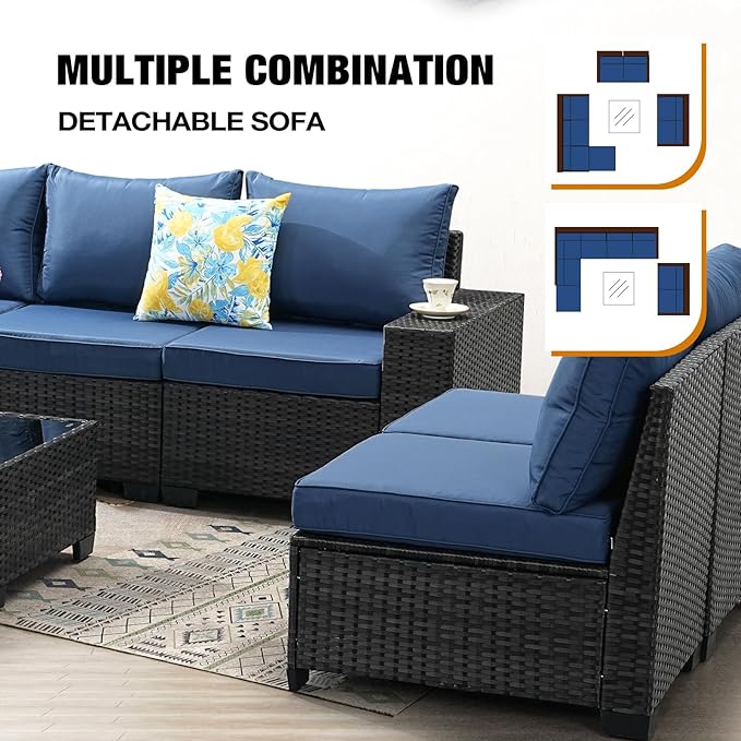 9 Pieces Patio Furniture Set All-Weather Outdoor Wicker Sectional Conversation Sofa Rattan Patio Seating Sofa with Cushion and Glass Table and Ottoman for Porch Poolside,Navy
