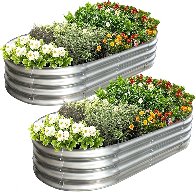 Galvanized Raised Garden Bed Kit, Planter Garden Boxes Outdoor, Oval Large Metal for Vegetables Fruits, Flowers Planter Boxes, Easy Assembly Garden Bed Kit 4x2x1 FT (2-Pack)