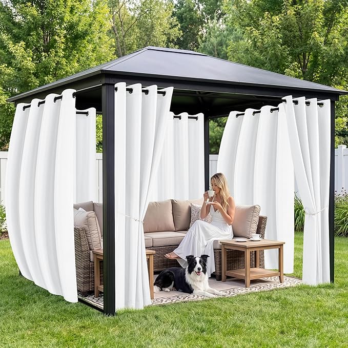 Outdoor Curtains for Patio Waterproof 6 Panels - Windproof, Privacy, Weatherproof Outside Drapes for Gazebo Pergola Porch, Grommet Top and Tab Bottom, 54x84 Inch, White