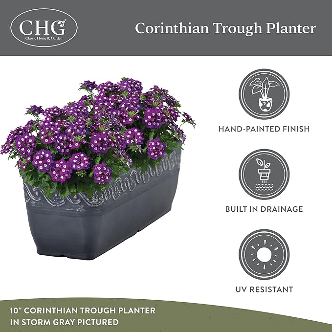Classic Home and Garden Corinthian Trough Planter, 10", Slate Blue (3 Pack)