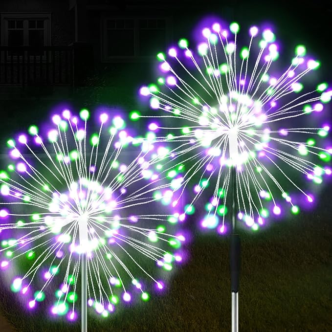 JJGoo Solar Firework Lights, 2 Pack 180 LEDs 2 Lighting Modes Solar Lights Outdoor Waterproof for Garden Patio Walkway Pathway Party Wedding Christmas Decorative - Green and Purple