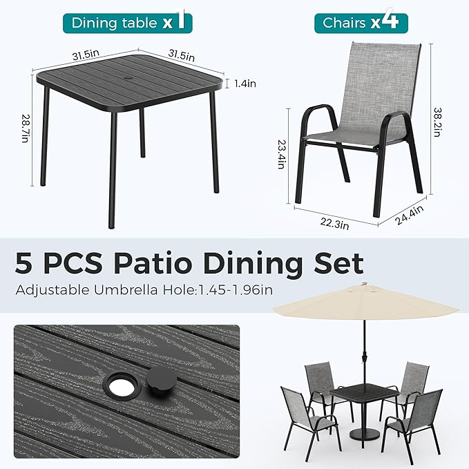 Pamapic Outdoor Dining Sets for 4, Square Steel Slat Table with 4 Textilene Chairs, 5 Piece Patio Table and Chairs Set with Adjustable Umbrella Hole for Patio,Garden, Backyard, and Poolside (Grey)