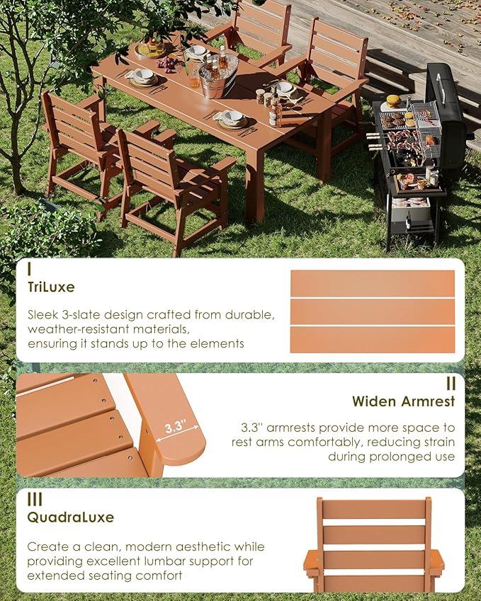 GREENVINES 5-Piece Outdoor Dining Set | HDPE | Patio Table and Chairs Sets for 4 | Patio Furniture | All Weather | Umbrella Hole | Teak | for Backyard Poolside Garden